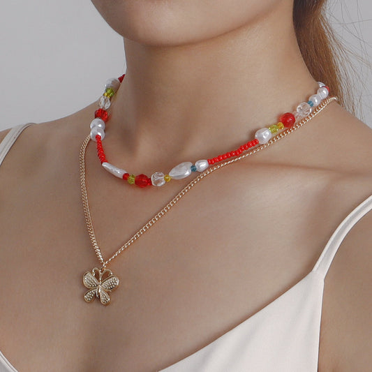 Jewelry Retro Metal Three-dimensional Butterfly Beads Necklace Women's Versatile Beaded Woven Pearl Necklace