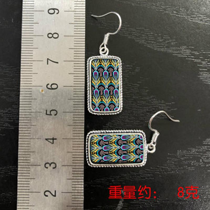 Bohemian Ethnic Women's Peacock Feather Pattern Square Retro Short Pendant Earrings Women