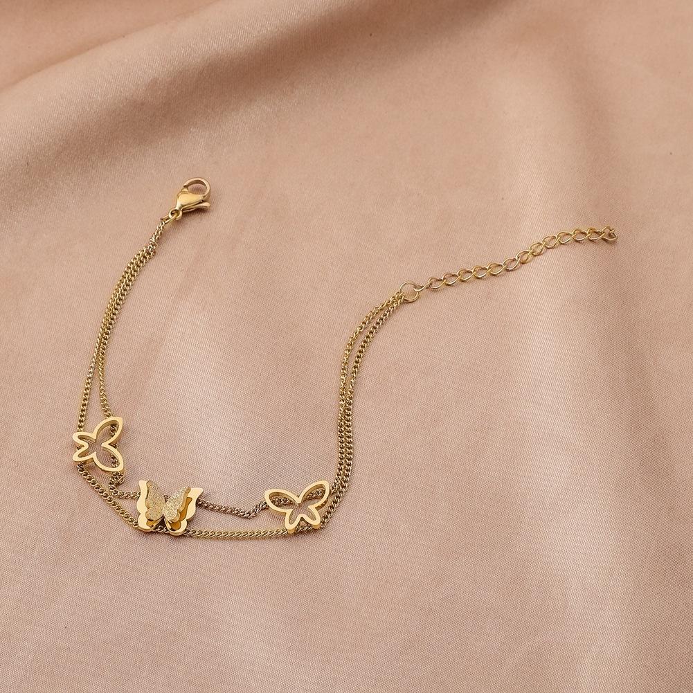 Stainless steel gold double-layer butterfly hollow bracelet anklet niche light luxury design sense of simple hand jewelry