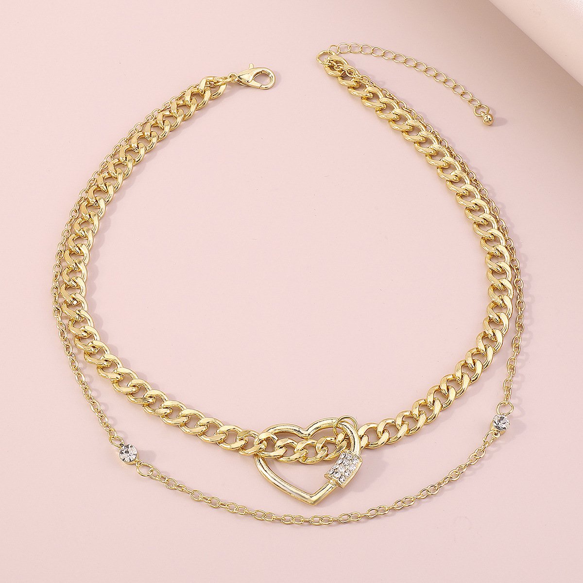 N9161 TikTok inlaid glass diamond geometric chain necklace double layered love punk necklace