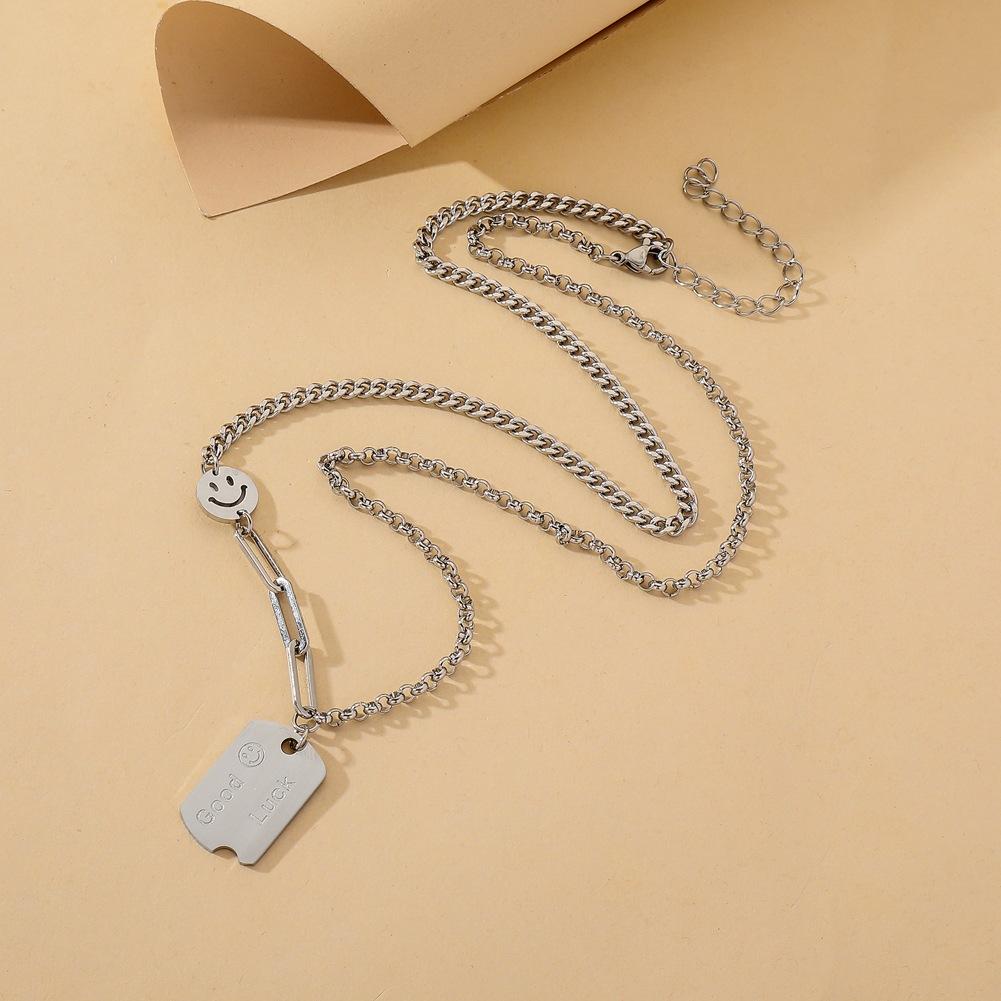ins lucky nameplate necklace titanium steel sign collarbone sweater chain smiley coin stainless steel pendant necklace