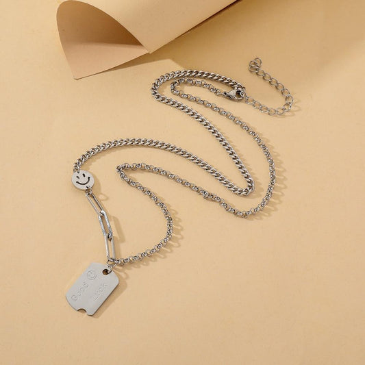 ins lucky nameplate necklace titanium steel sign collarbone sweater chain smiley coin stainless steel pendant necklace