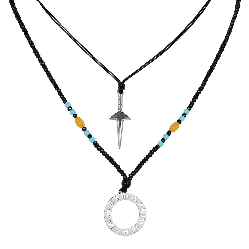 Personality Men's Double Layer Stainless Steel Sword Circle Roman Numeral Pendant Rope Bead Necklace