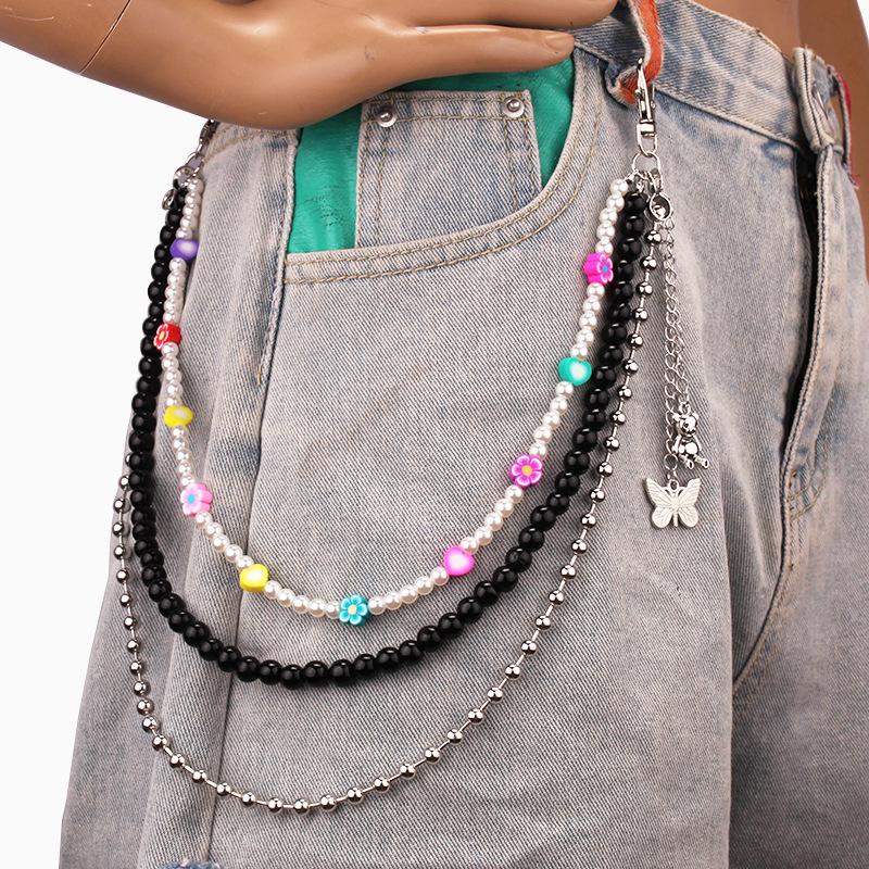 Multi-layer ins colorful flower beads string pink butterfly street shooting waist chain fashion hip-hop pants chain body chain