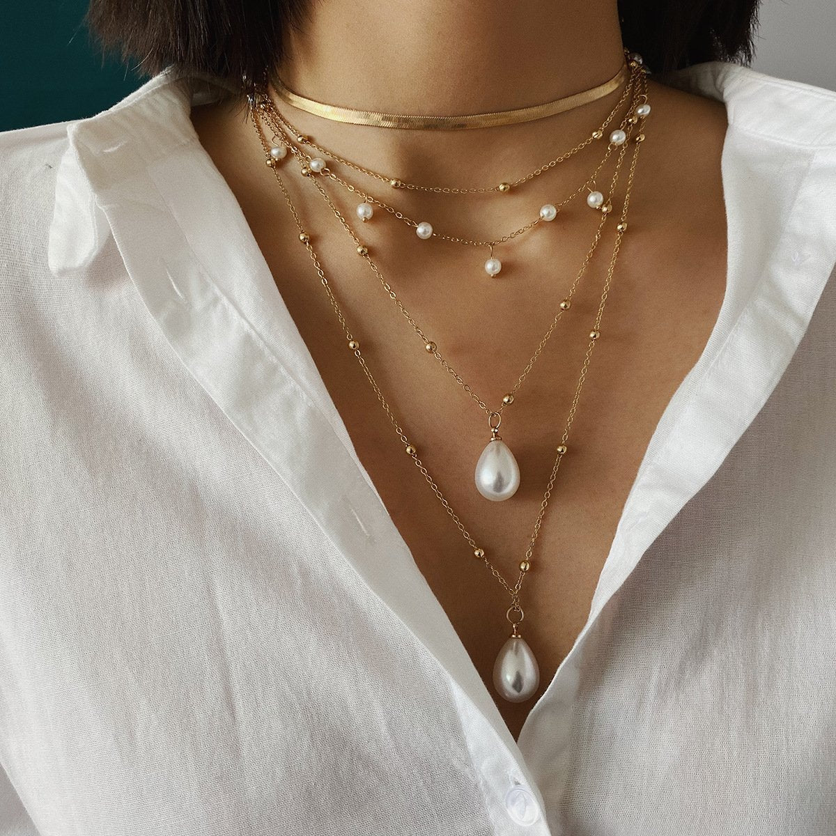 Ornaments simple special-shaped imitation pearl chain necklace temperament round bead tassel multi-layer geometric necklace