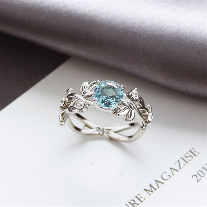 Fashion OL Popular Leaf Leaves Diamond Zircon Ring 925 Silver Sapphire Copper Jewelry