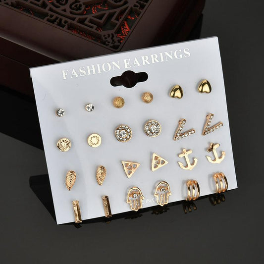 Jewelry Heart V-shaped Crystal Diamond Scrub Ball 12 Pairs of Stud Earrings Set Combination