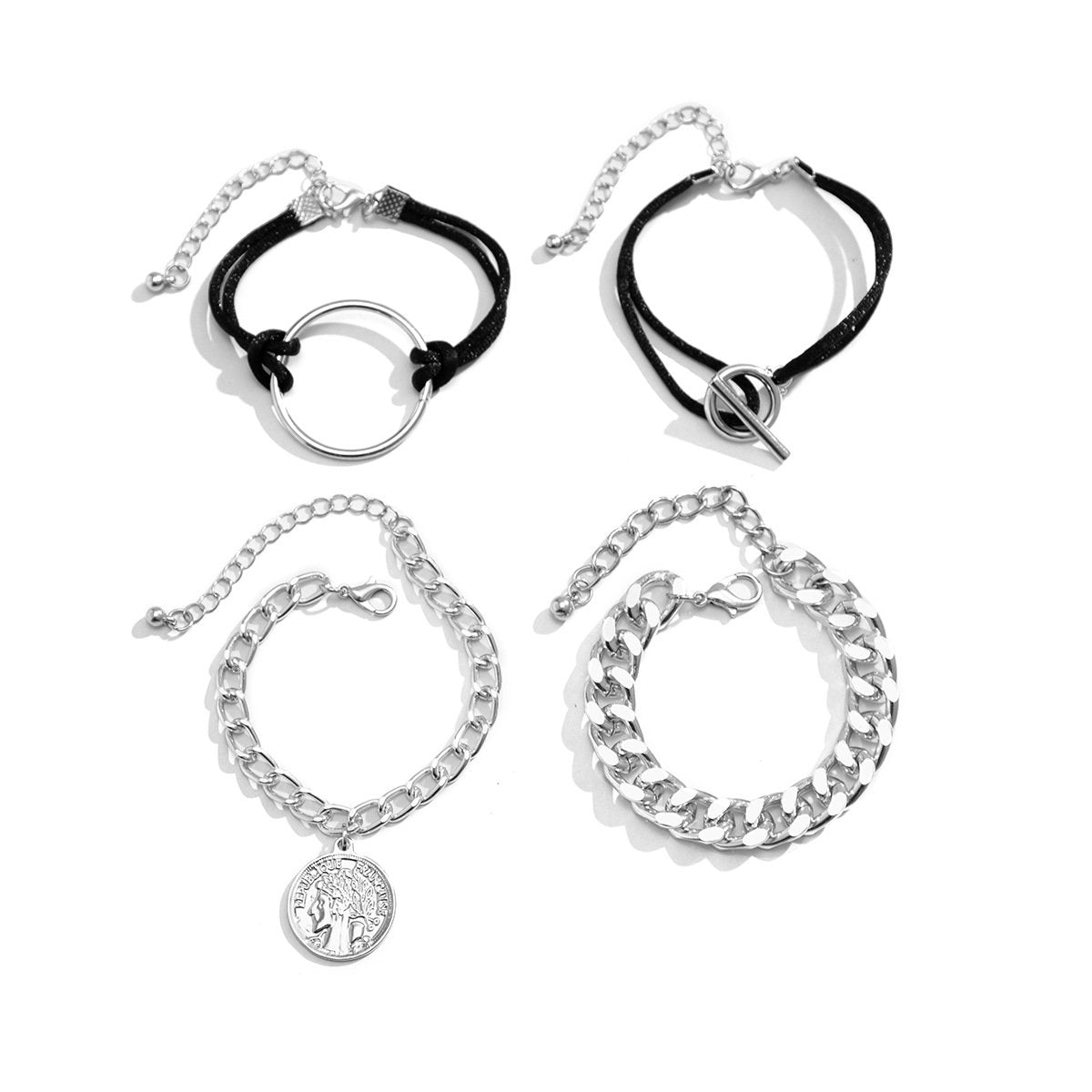 Jewelry Hip Hop Retro Portrait Ring Bracelet Set Stitching Metal Thick Chain OT Buckle Hand Jewelry