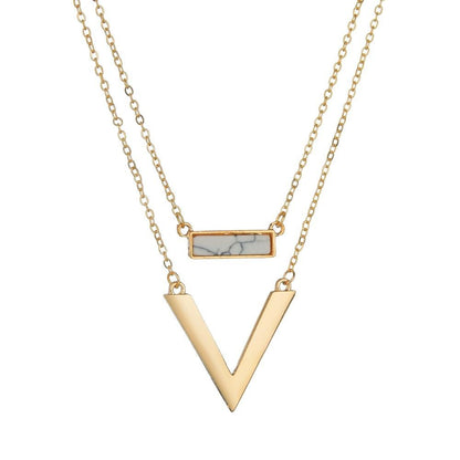 Turquoise pendant necklace V-shaped alloy double-layer clavicle chain jewelry