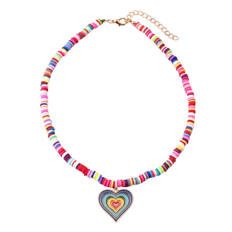 Niche design sense rainbow color soft pottery beaded gradient color large love necklace female simple all-match necklace