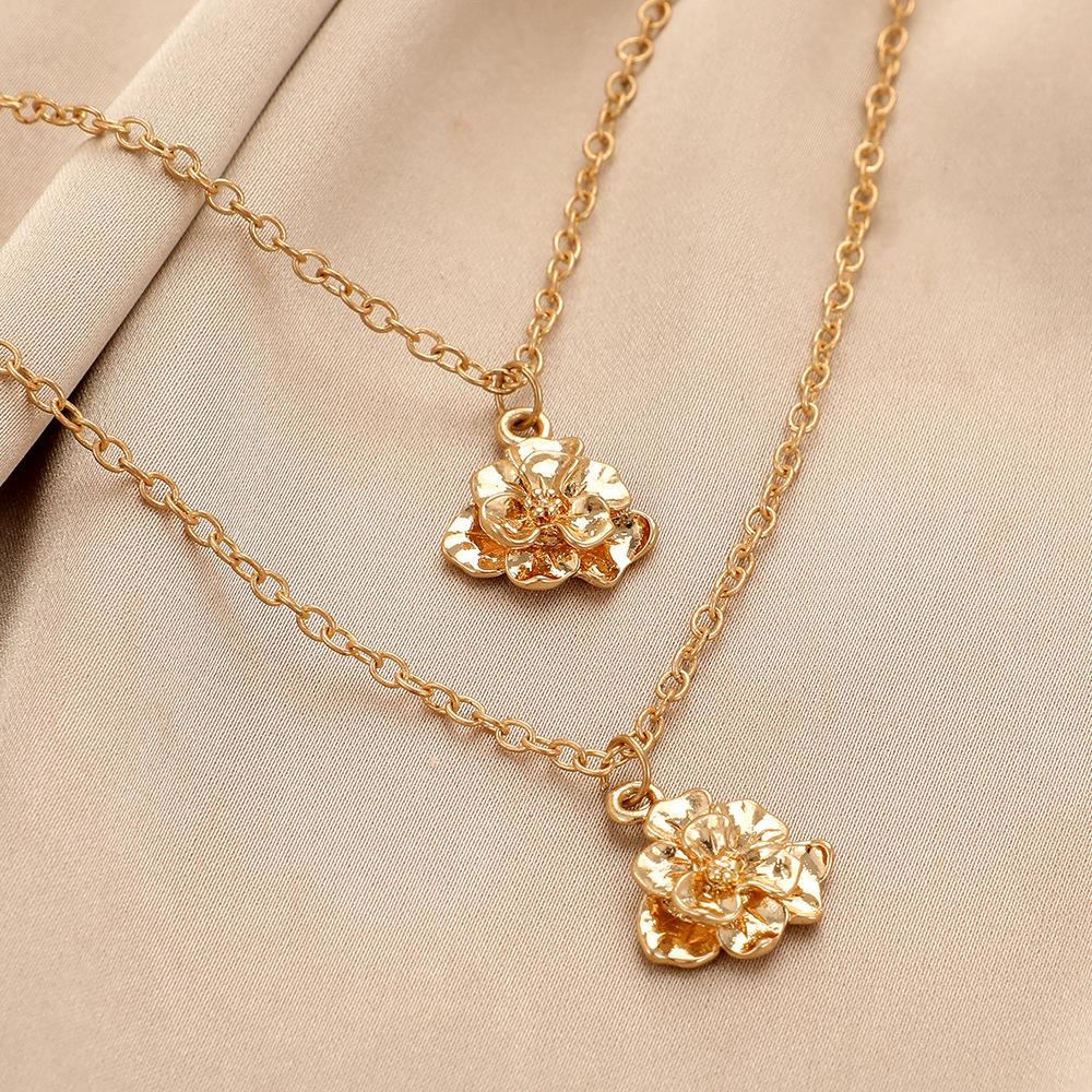 Retro Simple Fashion Camellia Pendant Necklace Double Stacked Cross Chain Ladies Jewelry