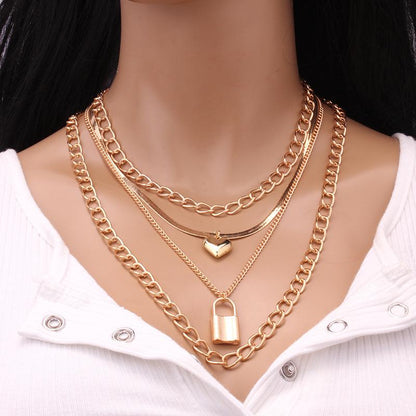 Jewelry Retro Versatile Multi-layer Peach Heart Glossy Trendy Alloy Padlock Necklace Three-piece Set
