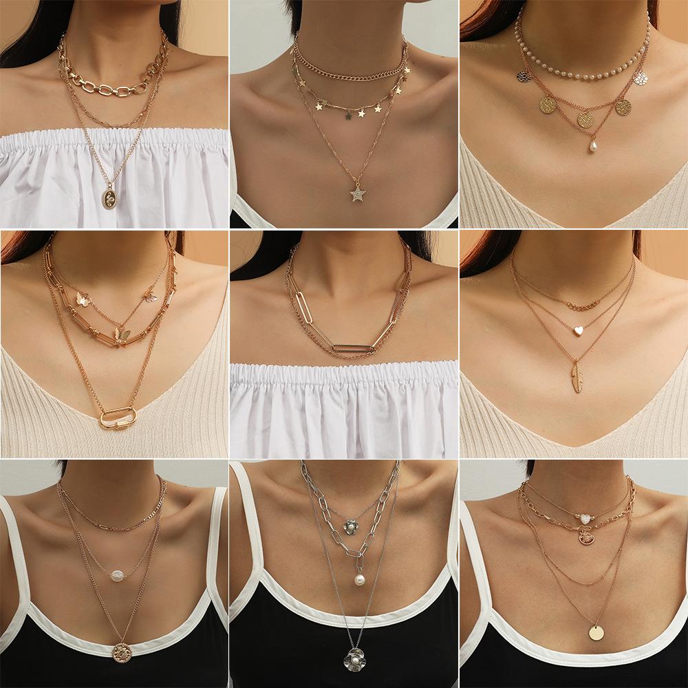 Multi-layer necklace hip-hop metal thick chain long collarbone chain personality men and women stacked necklaces