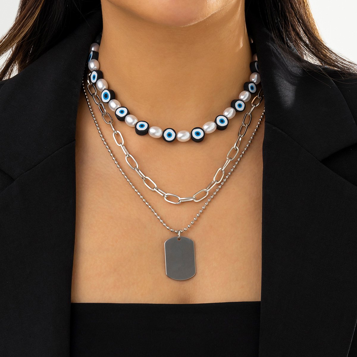 Jewelry Ethnic Beaded Chain Devil Eyes Pendant Punk Hip Hop Metal Tag Necklace