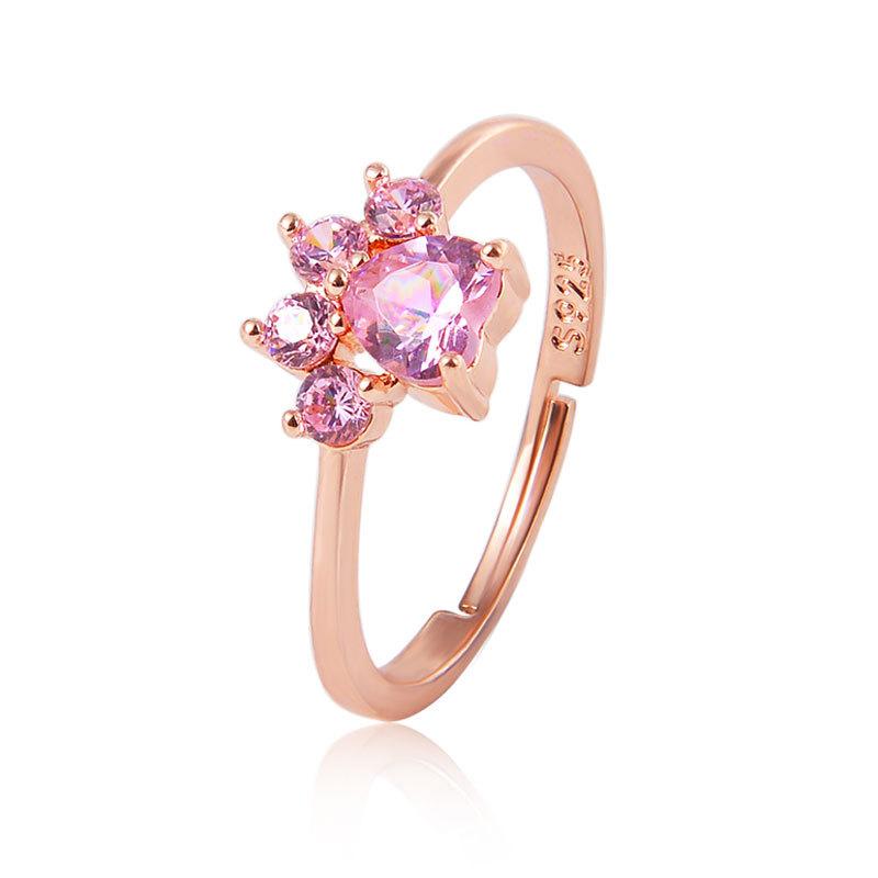 Cute Cartoon Opening Adjustable Cat Claw Cat Footprint Zircon Ring Female Electroplated Silver Animal Copper Jewelry