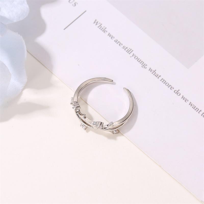 Small fresh ring literary fan with diamond branch opening single ring creative cross rattan adjustable ring