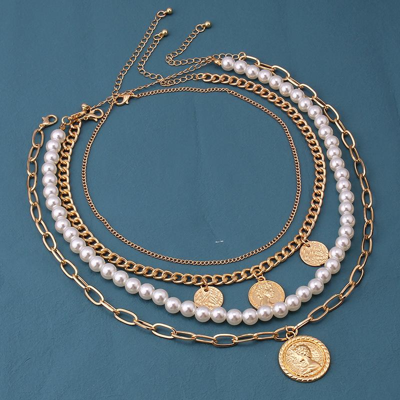 Jewelry Retro Multi-layer Beaded Chain Fashion Necklace Simple Portrait Imitation Pearl Multi-layer Necklace