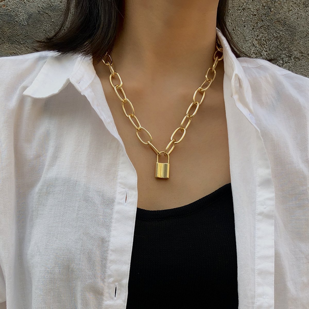 Jewelry Simple Thick Chain Geometric Necklace Sweater Chain Hip Hop Punk Lock Single Layer Retro Necklace