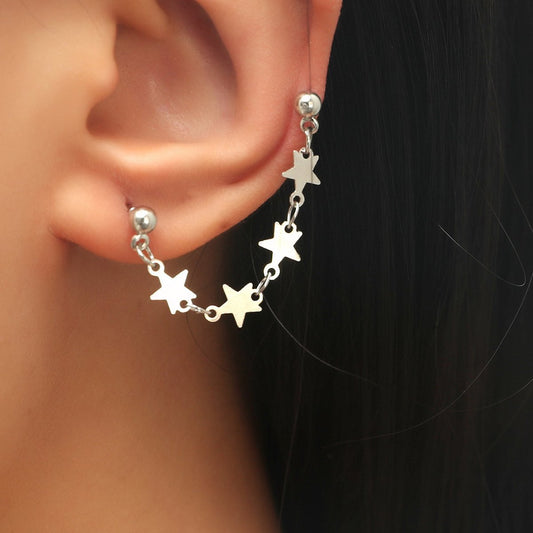 ins simple personality star ear clip cold metal one-piece hole-free chain earrings girls