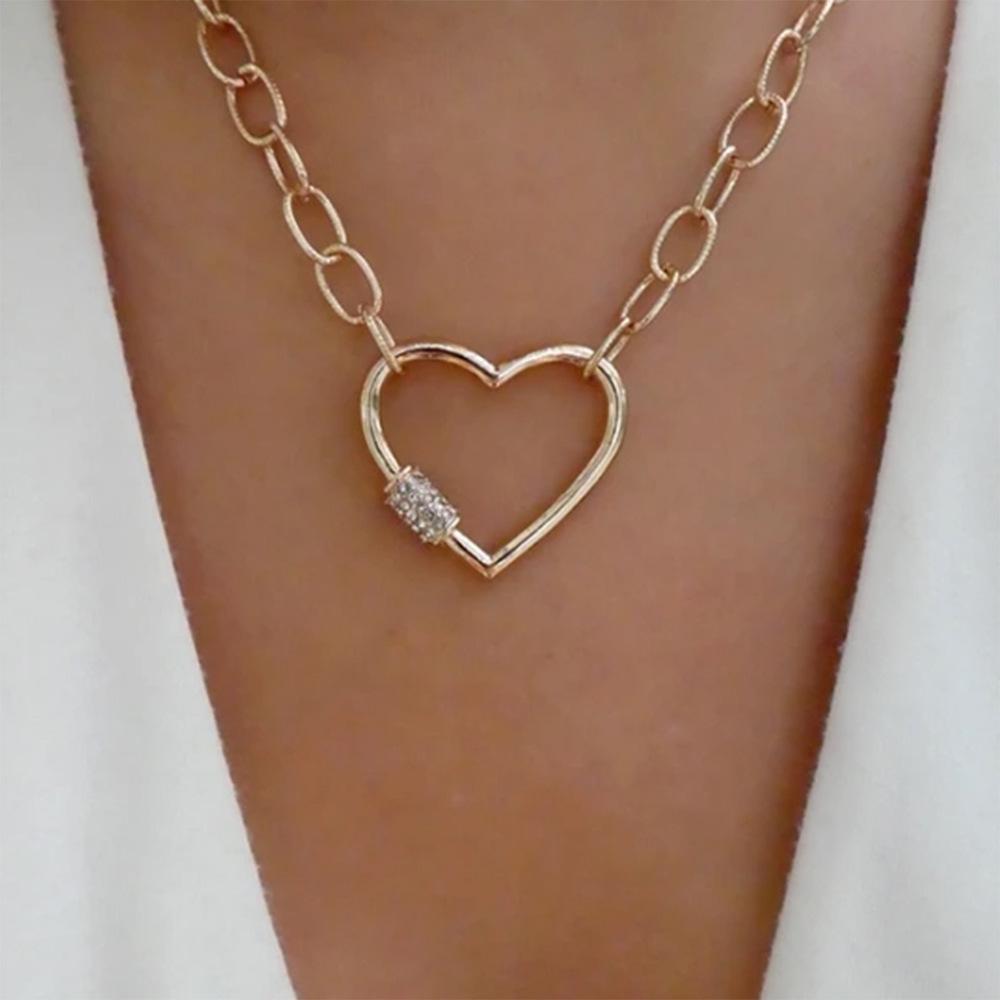 N8225 Popular Alloy Diamond Heart Necklace Temperament Retro Alloy Chain Personality Lock Necklace