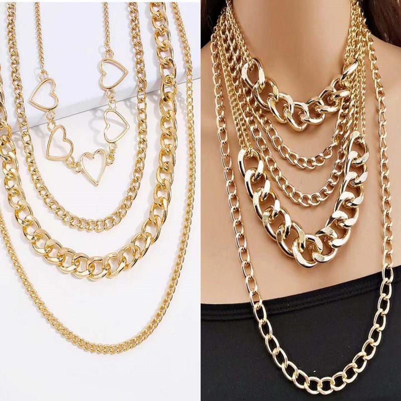 Jewelry Hip Hop Geometric Set Necklace Peach Heart Flat Thick Chain Hollow Multilayer Two-piece Necklace