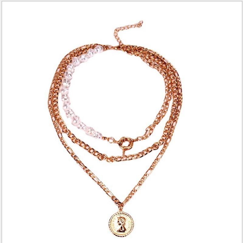 Jewelry Fashion Imitation Pearl Mix Three Layer Chain Necklace Hip Hop Rose Embossed Pendant Necklace