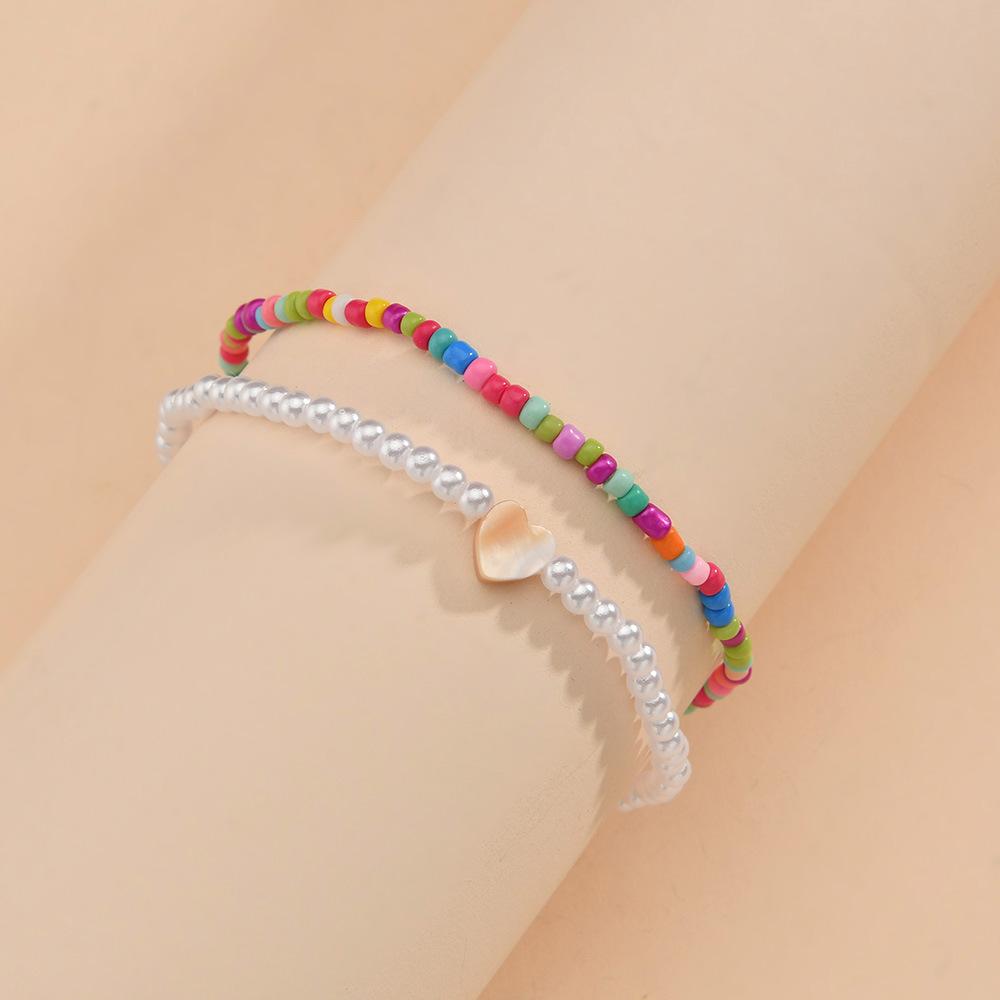 Fashion Shell Piece Heart Anklet Bohemian Colorful Rice Beads Imitation Pearl Anklet Accessories