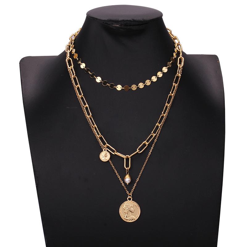 Jewelry creative retro size portrait coin pearl pendant multi-layer necklace three-layer clavicle chain