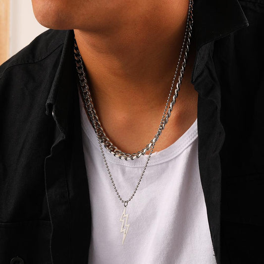 High-end fashion design simple niche men's double-layer stainless steel Cuban chain lightning necklace stacked necklace