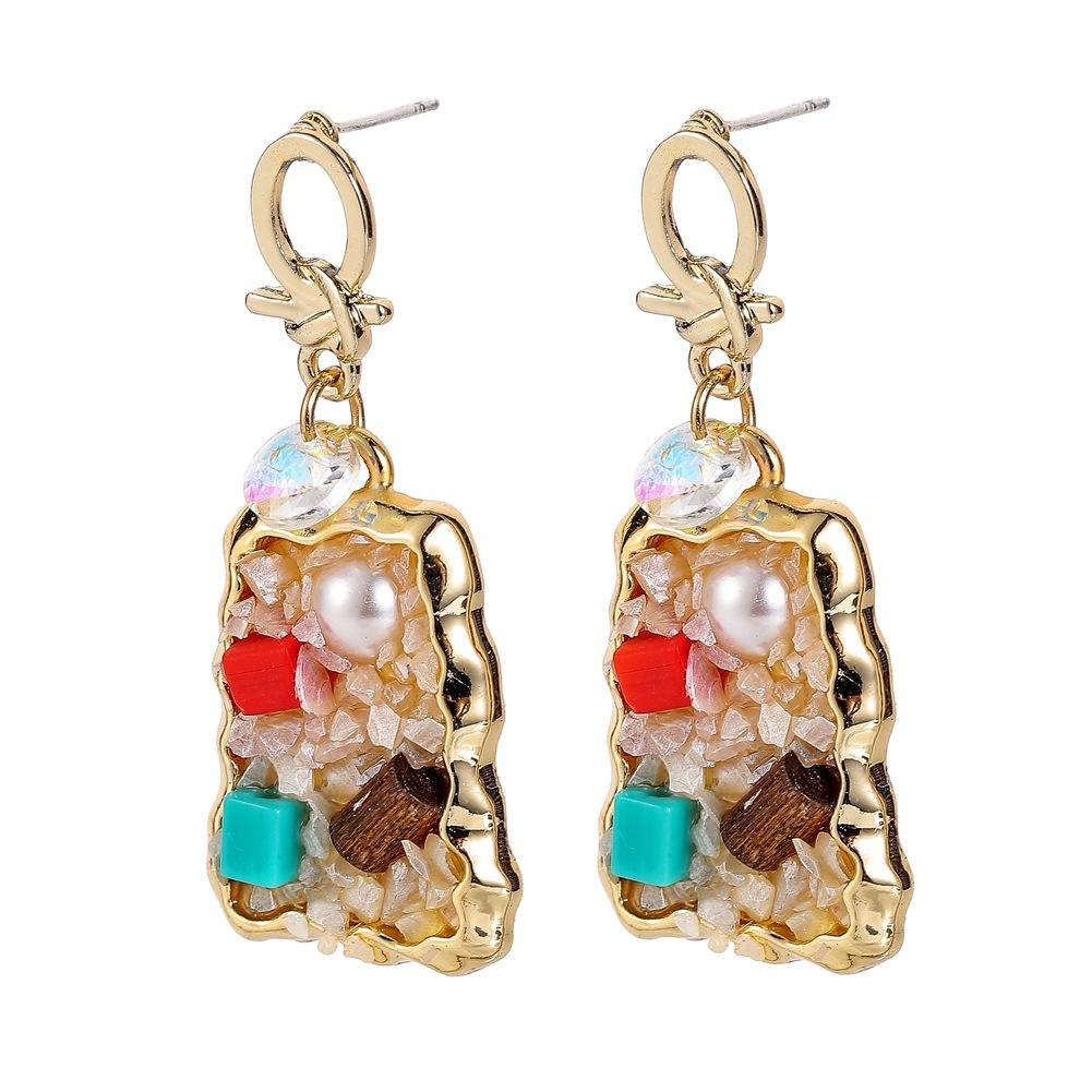 Retro Pearl Color Diamond Colorful Gravel Earrings Temperament Light Luxury Square Earrings Jewelry