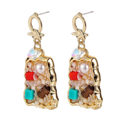 Retro Pearl Color Diamond Colorful Gravel Earrings Temperament Light Luxury Square Earrings Jewelry