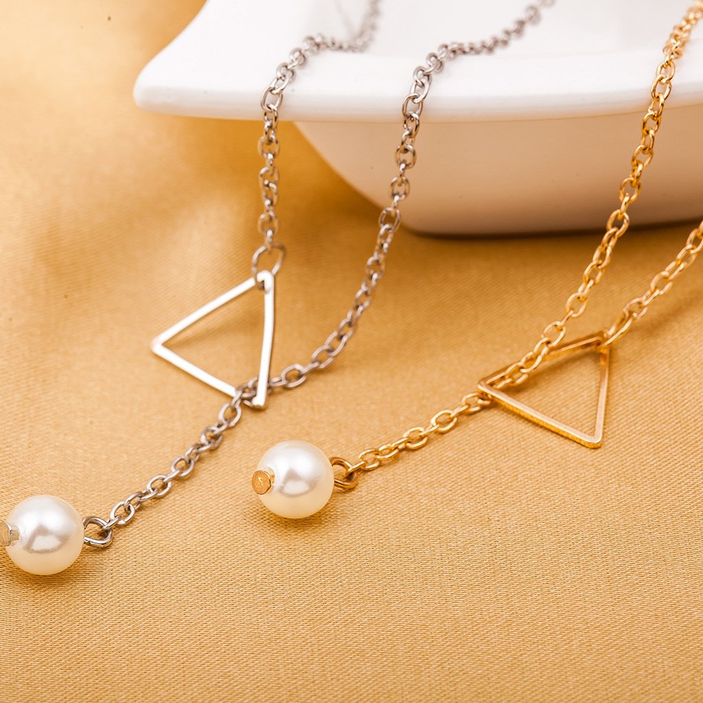 Jewelry Simple Hollow Triangle Adjustable Pearl Pendant Women's Necklace Clavicle Chain