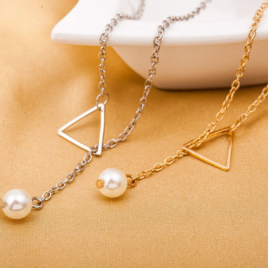 Jewelry Simple Hollow Triangle Adjustable Pearl Pendant Women's Necklace Clavicle Chain