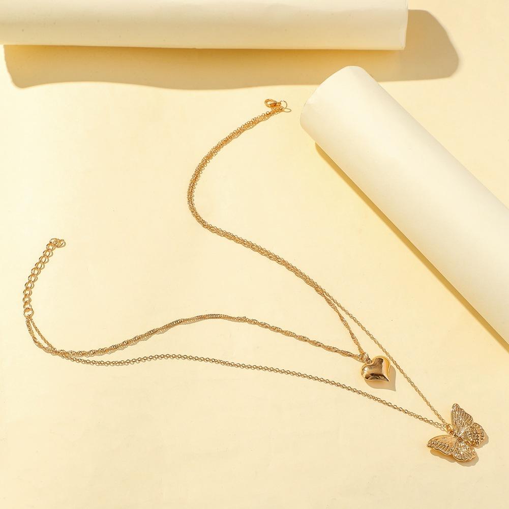Love Butterfly Hanging Clavicle Pendant Simple Peach Heart Shaped Fashion Metal Double Layer Necklace Jewelry
