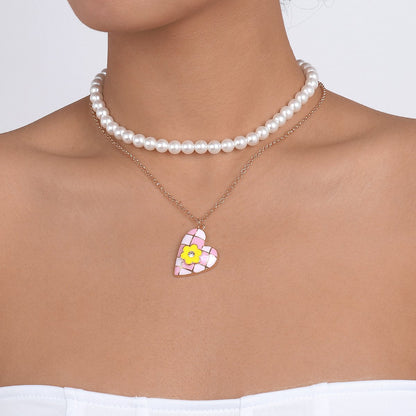 N1436 Personalized pearl stacked double-layer necklace dripping oil love flower slightly inlaid sweet girl necklace