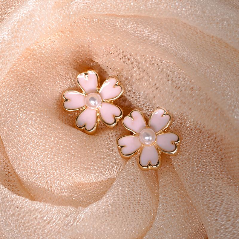 Small fresh dripping oil pink flower pearl earrings five-leaf flower earrings earrings ear clips