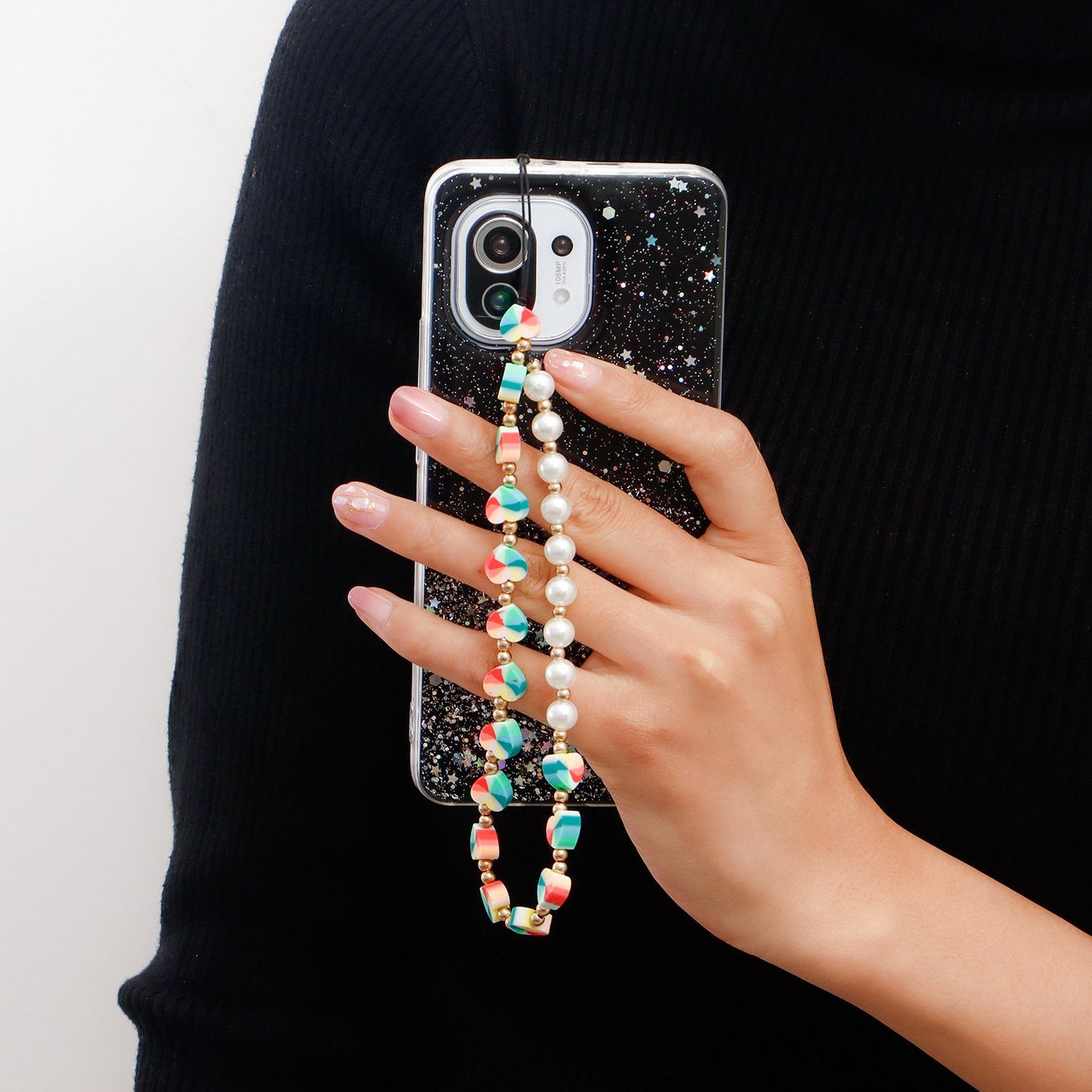 Jewelry hand-woven imitation pearl hit color mobile phone chain small fresh color heart simple lanyard