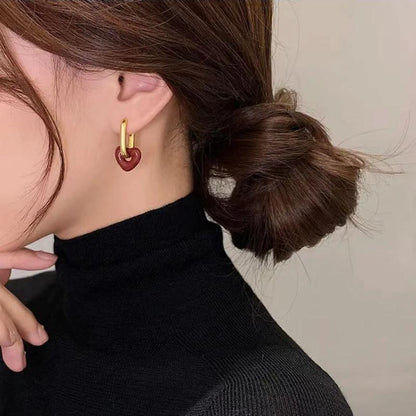 French fashion simple and versatile geometric square earrings red love two wear detachable earrings ins cold