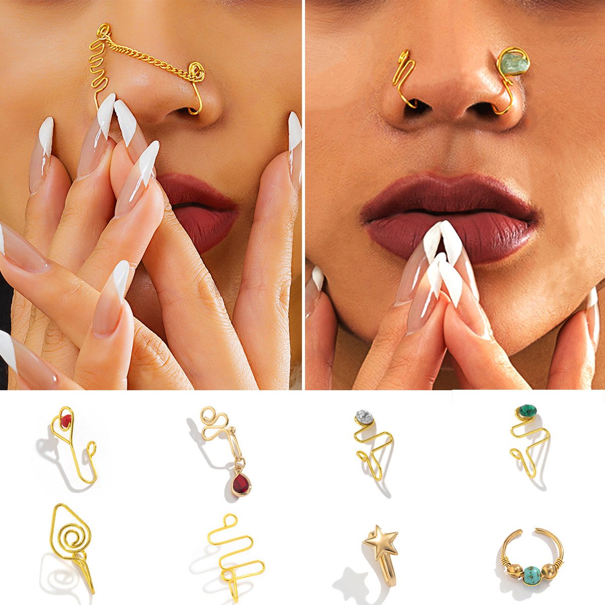 Jewelry gravel winding metal non-porous puncture nose nail multiple stars and moon heart-shaped irregular nose clip