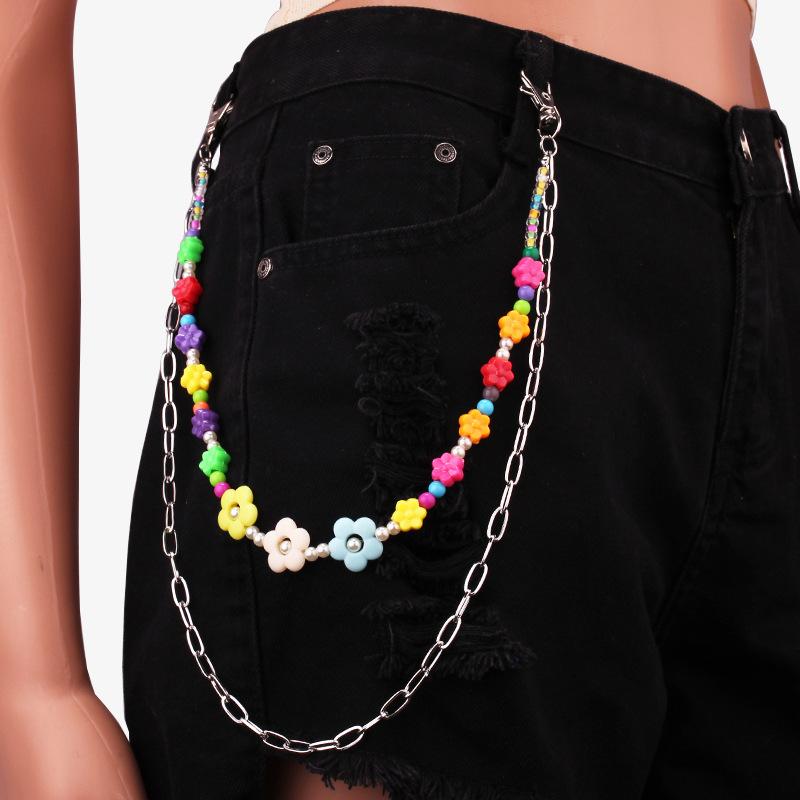 Multi-layer ins colorful flower beads string pink butterfly street shooting waist chain fashion hip-hop pants chain body chain