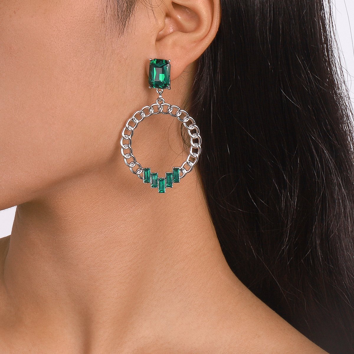 E1775 jewelry personalized hollow circle chain retro earrings micro-inlaid simple retro earrings