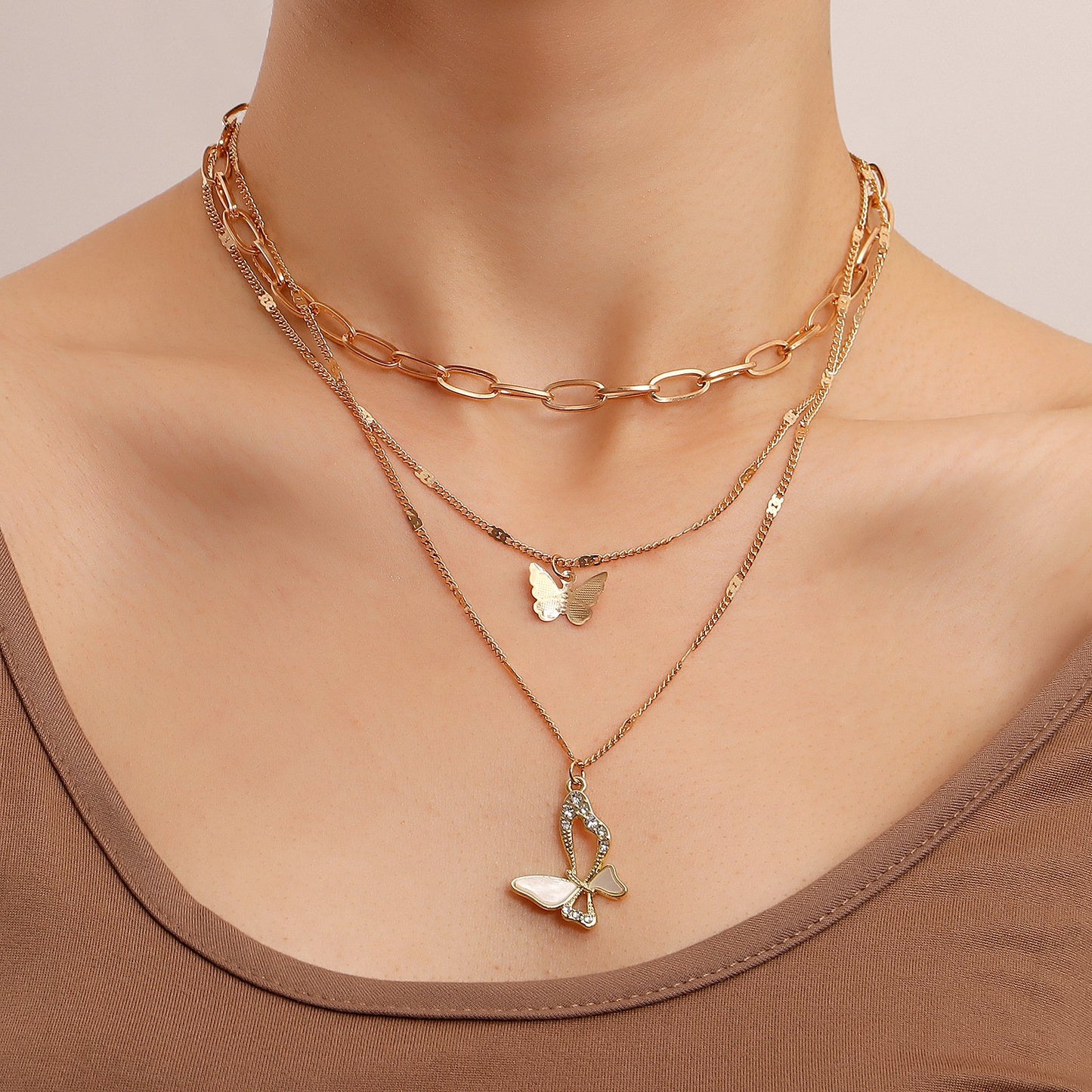 Jewelry colorful light luxury trend multi-layer back-shaped chain micro-inlaid mother-of-pearl butterfly pendant necklace female