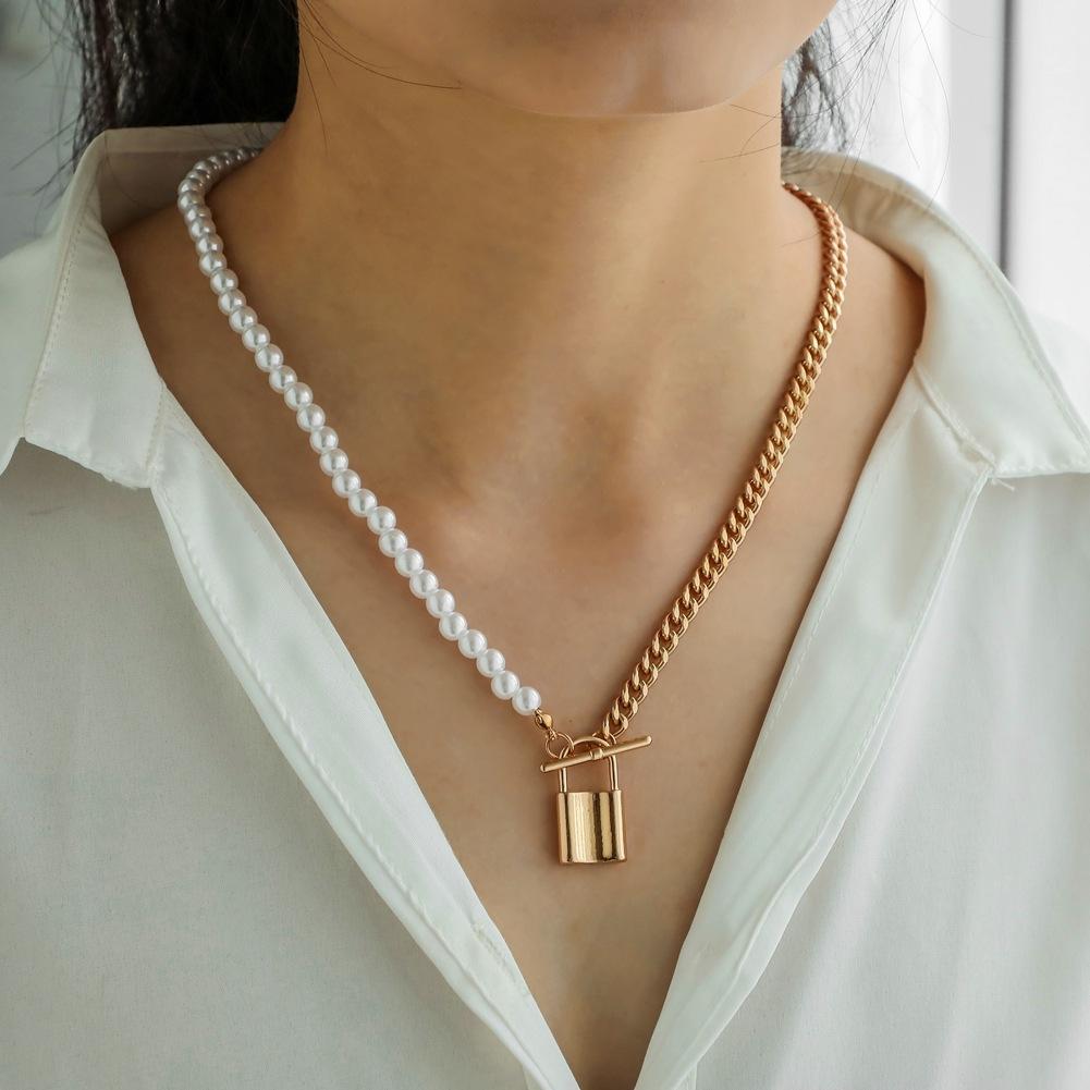 INS Jewelry Personality Metal Lock Pendant Simple Versatile Pearl Necklace Fashion Street Shot Necklace