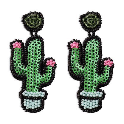 E143 Bohemian Ethnic Earrings Cactus Beaded Sequins Retro Exaggerated Geometric Earrings