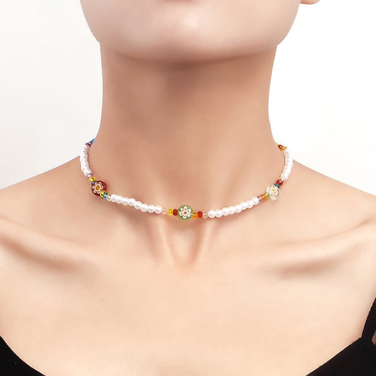 Jewelry Fresh and Sweet Imitation Pearl Necklace Spice Girl Niche Design Glass Flower Trend Necklace