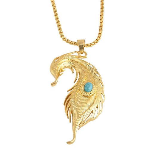 Feather Turquoise Pendant Hiphop Necklace Men