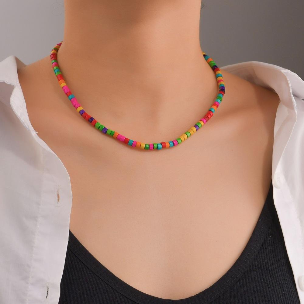 Trendy Bohemian Ethnic Color Wood Bead Necklace Women Accessories