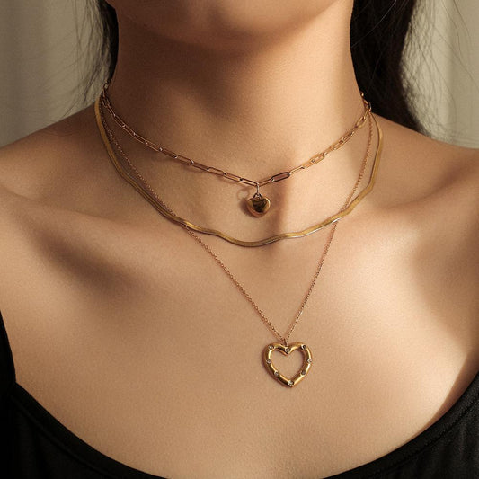 Stainless Steel Gold Peach Heart Snake Bone Chain Sexy Light Luxury Heart Multilayer Necklace Titanium Steel Female Pendant Item Jewelry