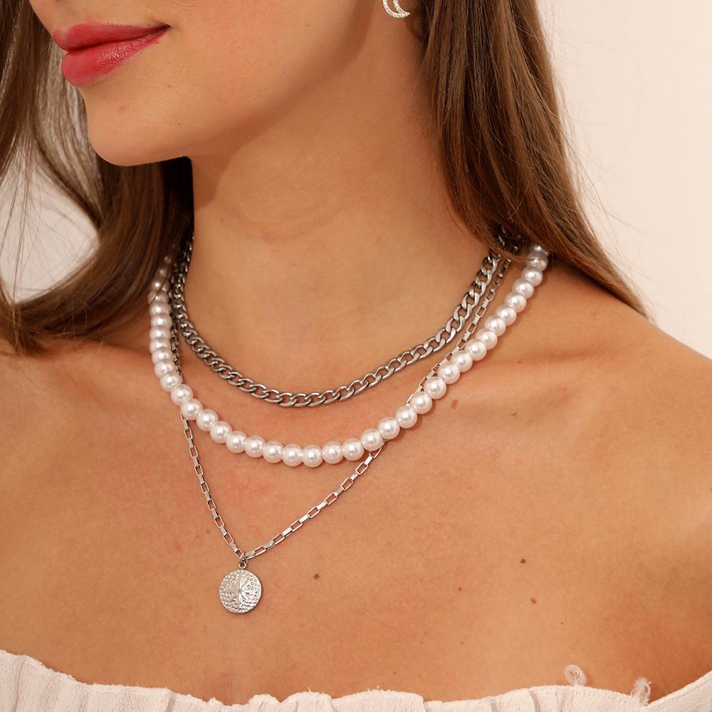 Steel color multi-layer stainless steel pearl chain exquisite sun coin pendant necklace hip-hop personality titanium steel chain