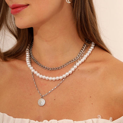 Steel color multi-layer stainless steel pearl chain exquisite sun coin pendant necklace hip-hop personality titanium steel chain